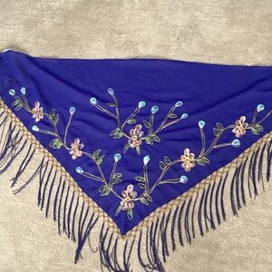 Embroidered Blue Floral Fringe Scarf